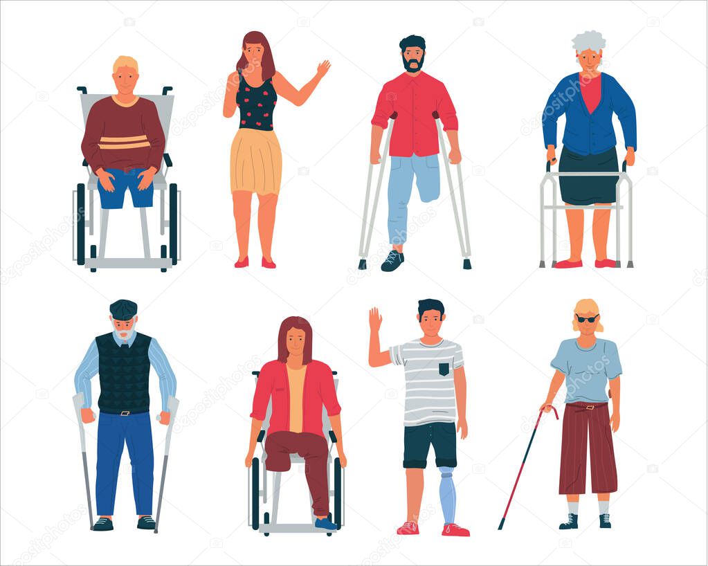 Disable people. Men women with limb injuries, blind or elderly. Handicapped persons in wheelchair, with crutches, plaster and cane. Vector disabilities and limited mobility isolated set