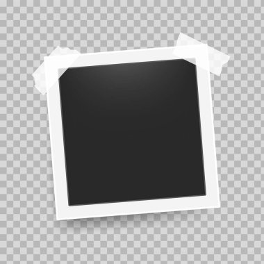 Photo frame with tape. Realistic retro 3D empty snapshot with white frame and sticky tape on transparent wall, photo booth card, photoframe empty montage template vector memory album