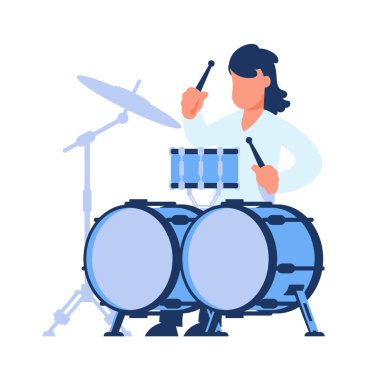 Drummer. Man playing drums. Rock music player, jazz band artist. Male with musical instrument. Talented performer in restaurant, disco club or festival event. Vector hobby illustration