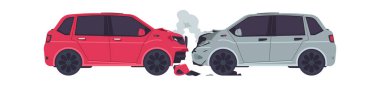 Two cars crashed. Automobile accident, vehicles collided, broken bumper. Tow truck service, auto repair shop and insurance agency advertising. Vector damaged transport illustration