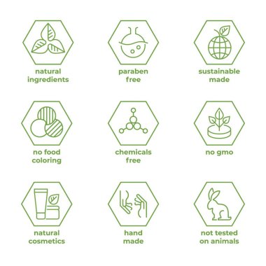 Natural cosmetic line badge. Bio and eco marking on packaging, labels with information about ingredients and testing product on animals. Vector paraben and chemicals free symbols set