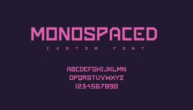 Futuristic font. Minimalist monospace geometric pink typeface with uppercase text symbols and numbers for logo, emblem or poster headers. Vector lettering and calligraphy templates