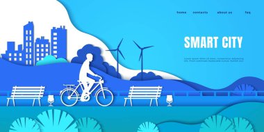 Smart city landing page. Cartoon man on electric vehicle, origami boy riding bicycle. Paper cut interface with headline and buttons. Ecological technology and electricity. Vector web site
