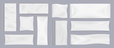 Textile banners. Realistic white blank flags, horizontal and vertical chrome exhibition stand. Empty canvas template, place for logo and sport team emblem. Vector advertising pennant set
