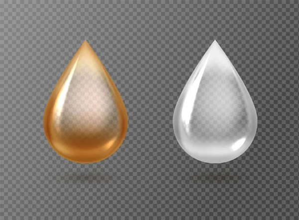 Gotas realistas de aceite y crema. Gotas doradas y blancas sobre fondo transpatente, lubricante de gasolina, goteo de grasa de máquina, líquido cosmético ecológico, suero o cápsula. Vector 3D set — Archivo Imágenes Vectoriales