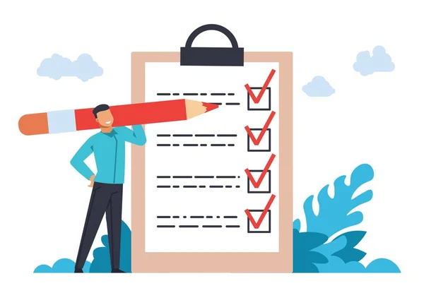Businessman with checklist. Young male marking completed goals. Man with red pencil and clipboard paper. Time management and planning. Vector control business processes flat concept —  Vetores de Stock