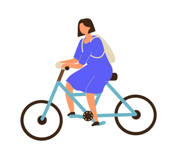 Mujer montando. Joven mujer en bicicleta, chica adolescente en vestido azul de conducción de bicicletas. Transporte ecológico, forma de moverse por la ciudad, recreación en el parque. Vector ciclista ilustración plana — Vector de stock