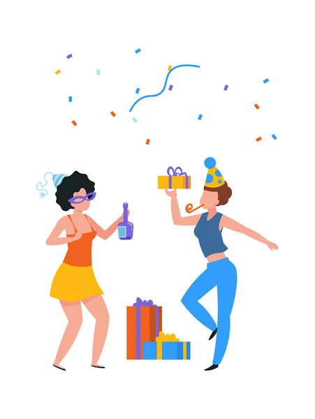 Cartoon party people with gifts and drinks. Happy women with presents, holiday hats and confetti. Young female dancing. Festival or birthday celebration, vector congratulation illustration — Stok Vektör