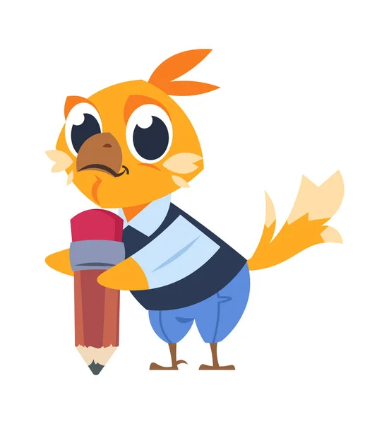 Chicken kid at school. Cartoon bird holding pencil. Little chick getting knowledge in kindergarten or academy. Animal in uniform with stationery, vector childhood flat illustration — Stok Vektör