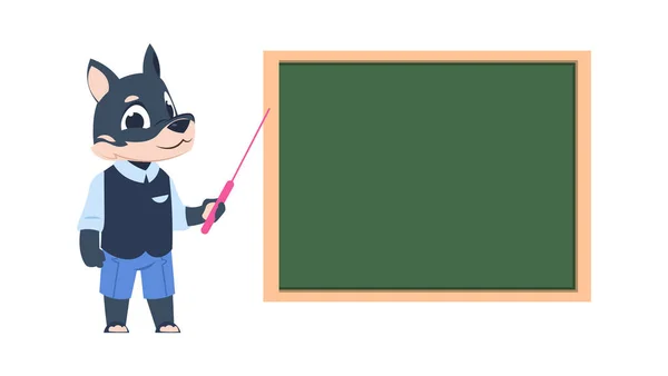 Cartoon dog teacher. Animal teaching children in class room, funny mammal in school. Wolf standing with pointer near blackboard. Vector education and getting knowledge illustration —  Vetores de Stock