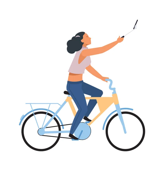 Woman with smartphone on bike. Cartoon riding girl making selfie on phone, simple character healthy leisure lifestyle, teenager outdoor activities in park, flat vector illustration — Image vectorielle