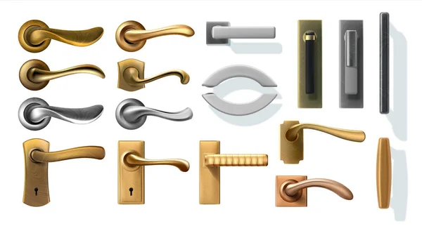 Door handles. 3D realistic window furniture, steel, silver and copper lever arm with keyhole. Knobs for opening and closing entrance. Vector security and privacy protection set — Image vectorielle