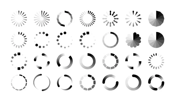 Ikoner för lastare. Framsteg bar, buffring och dataöverföring process tecken. Svarta webbmärken på vit bakgrund. Symboler för uppladdning och nedladdning eller omstart. Vektorbelastning platt isolerad uppsättning — Stock vektor