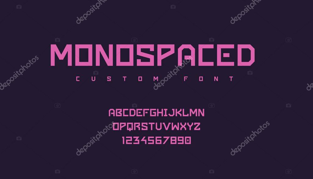 Futuristic font. Minimalist monospace geometric pink typeface with uppercase text symbols and numbers for trendy logo, emblem or poster headers. Vector modern lettering and calligraphy template