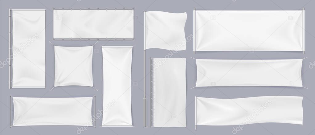 Textile banners. Realistic white blank flags, empty canvas template. Collection of horizontal and vertical chrome exhibition stand, place for logo and sport team emblem. Vector advertising pennant set