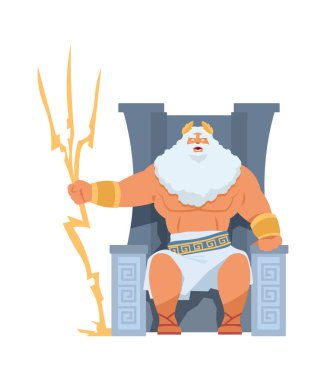 Zeus Greek god. Ancient character, head of pantheon. Bearded man sitting on throne, Olympian male with golden laurel wreath and trident. Vector antique religious person illustration