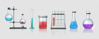 Laboratory equipment. 3D realistic chemistry lab measuring glassware. Metal holders and bottles. Test tubes and flasks with colorful liquid on transparent background, vector science set clipart