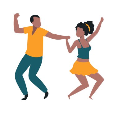 Pair of dancers. Cheerful man and woman dancing together. Young people at party or festival. Happy couple celebrate holiday or carnival music event. Vector disco isolated illustration