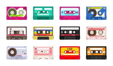 Retro music cassettes. Realistic old school sound record technology. 90s and 80s party and entertainment. Audio recording tape in colorful plastic body. Vector vintage decoration set