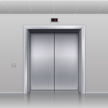 Realistic elevator. Closed metallic cabin doors. Hall interior, building office or hotel vestibule. Steel doorway, call buttons and display with floor indicator. Vector transportation