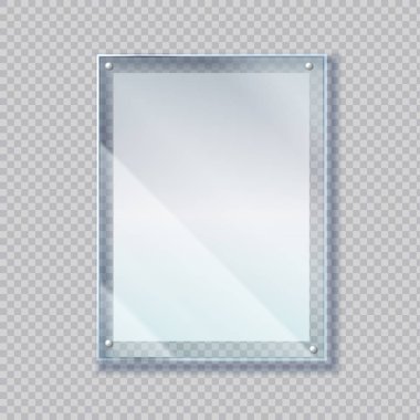 Realistic poster in glass frame. 3D sheet of paper under plastic protective screen. Empty banner on wall. Picture border template on transparent background. Vector advertising mockup