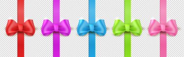 Gift ribbon bows. Realistic vertical elegant shiny satin knot. Red and blue present decoration, green and pink silk rope on transparent background. Vector birthday surprise wrap set