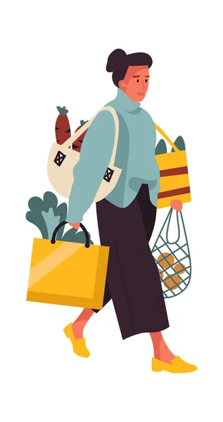 Woman with shopping bags. Young female walking from greengrocer store. Heavy handbags of food, buying fruits and vegetables. Cozy clothes for making purchase. Vector shop customers — ストックベクタ