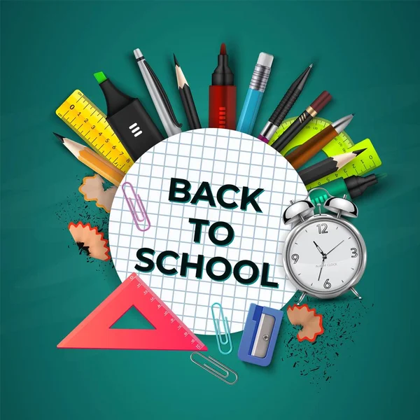 Back to school concept. 3D school education background, phrase in circle frame, realistic supplies pen, pencil and ruler, drawing tools, children stationery poster, vector illustration — Vettoriale Stock