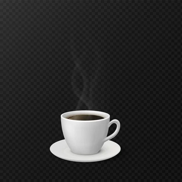 Taza de café con vapor. Taza realista y platillo con bebida caliente de cafeína. Vajilla de cerámica para espresso o americano, bebidas por la mañana en la cafetería. Menú decoración, ilustración vectorial — Vector de stock