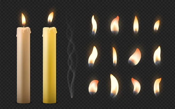Realistic burning candle. 3D wax or paraffin cylinder and wick with fire. Candlelight dinner or religion ceremony template. Old fashioned lamps. Vector set on transparent background