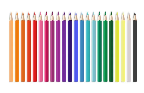 Realistic colorful pencil. Office or school items arranged in line by colors, bright rainbow creative childish wooden tools, stationery for painting and arts vector isolated illustration — Stockvector