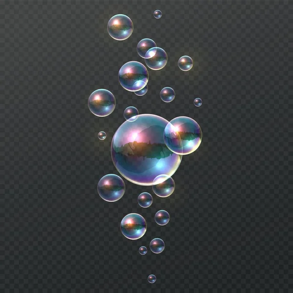 Soap bubble. Realistic colorful shampoo ball, iridescent colorful cloud of big and little soapy rainbow balls, blowing bath foam vector isolated on transparent background illustration — ストックベクタ