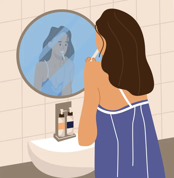 女人在刷牙站在镜子前的女性。每天早晚的例行公事.浴室的管道和家具，家庭内部。病媒口腔护理图解 — 图库矢量图片