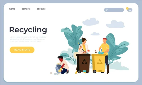 Recycling landing page. Web site interface with buttons, headline and text. People sorting trash, clean area from garbage. Vector waste conversion and use of secondary raw materials — Stockový vektor