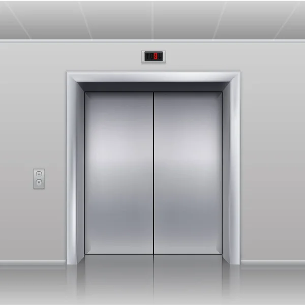 Realistic elevator. Closed metallic cabin doors. Hall interior, building office or hotel vestibule. Steel doorway, call buttons and display with floor indicator. Vector transportation — ストックベクタ