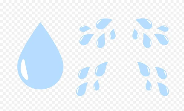 Cartoon fällt. Wassertropfen, Aqua, das seitlich spritzt. Flüssige Tropfen und platte Tränenwirkung auf transparentem Hintergrund. Kindliche Dekoration Attrappe, Vektor-Regentropfen isoliert Set — Stockvektor