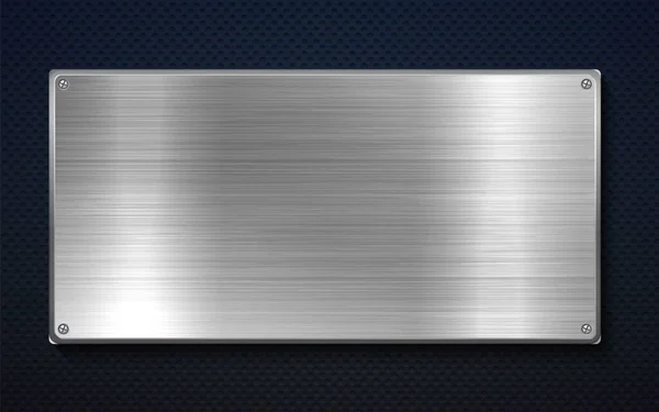 Metal banner. Realistic iron plate. Stainless steel board with silver shine and texture. Metallic surface secured with screws. Platinum blank place for text or logo, vector background — Image vectorielle