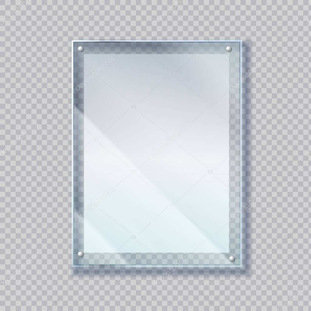 Realistic poster in glass frame. 3D empty acrylic banner on wall. Blank sheet of paper under plastic protective screen. Picture border template on transparent background. Vector advertising mockup