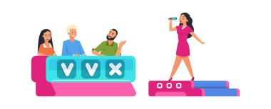 Televizyon programı. Kadın sahnede şarkı söylüyor, jüri değerlendiriyor ve notlar veriyor. Yetenek yarışması, yayın ya da müzik programı stüdyoda kaydediliyor. Vektör canlı yayın kavramı