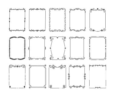 Klasik sınırlar. Çiçek ve geometrik elementlerle dekoratif çerçeveler, tebrik kartları için süs şablonları. Kaligrafik ana hatlar kare bölücüler koleksiyonu, vektör retro kümesi