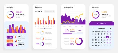 Telefon uygulaması UI. Mobil gösterge paneli hazır. Yatırım ve hisse senedi istatistikleri veya mali ve ekonomik tahminleri olan akıllı telefon uygulaması. Yuvarlak diyagramlar ve şemalar, vektör ağ arayüzü