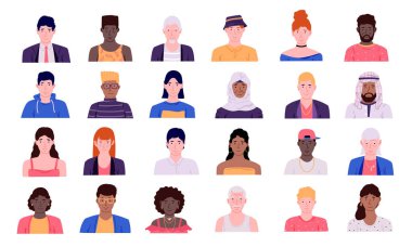 İnsan yüzleri. Çizgi filmlerde çok az kadın ve erkek moda ikonlar, izole edilmiş insanlar aksesuarlarla portreler. Video oyunları ve sosyal medya avatarları için şablon koleksiyonu. Vektör başlıkları ayarlandı