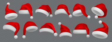 Noel Baba şapkası. Gerçekçi Noel ve yeni yıl beyaz kürkü ve ponponu olan kırmızı kış başlığı. Şeffaf arkaplanda fotoğraf dekorasyonu etiketleri koleksiyonu. Vektör kostümü ayarlandı