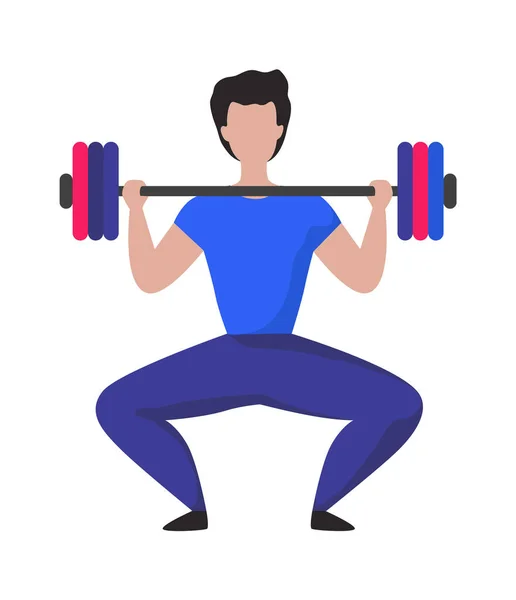 Man lifting heavy weight barbell. Cartoon male doing exercises with sport equipment. Gym advertising template, workout tools and modern sportswear shop. Vector bodybuilding illustration — Stock Vector