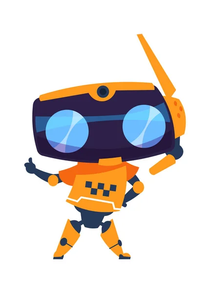 Lustiger Roboter. Cartoonmaschine mit Kopf, Körper und Gliedmaßen. Freundliches Maskottchen, Automatisierungstechnologien. Orangefarbenes Spielzeug mit Taxi-Symbol-Aufdruck. Persönlicher Web-Assistent, Vektorillustration — Stockvektor