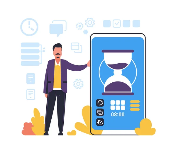 Organização eficaz do fluxo de trabalho. Processo de negócios de otimização, gerenciamento de tempo, planejador diário com controle de lembrete e agendamento. Planejamento com tecnologias inteligentes, conceito de vetor móvel — Vetor de Stock