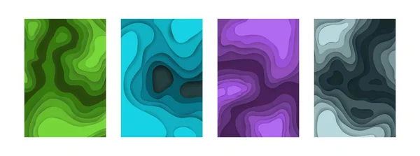 Abstracte papier gesneden achtergronden. 3D lay-out kartonnen vormen, kleurverloop en schaduw of zee diep effect. Groene, blauwe en violette origami posters. Vector minimalistische web templates set — Stockvector