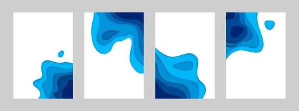 Papier gesneden zeeposters. 3d oceaan banners met papier gesneden minimale gradiënt lay-out, blauwe origami golven. Verticale abstracte achtergrond design collectie. Vector papier cutout flyers set — Stockvector