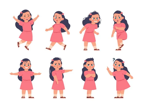 Expresiones femeninas. Niño de dibujos animados con diferentes tipos de emociones, sonrisa o triste, llanto y niño feliz. Bebé aislado agitando las manos, caminando y saltando. Vector poses y gestos establecidos — Vector de stock