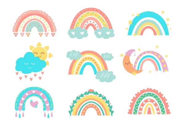 Jolis arcs-en-ciel. Collection de gribouillis pour enfants d'art soleil, arc-en-ciel et nuages, décoration ciel coloré aux couleurs pastel. Enfant crèche et bébé vêtements décor vecteur enfants autocollants collection — Image vectorielle